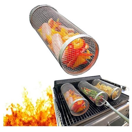 2 stk. grillkurv i rustfritt stål, utendørs grillkurv for grønnsaker, sylindriske grillkurver, biff