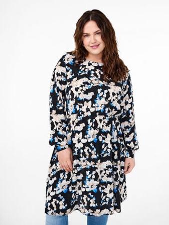 Store Størrelser Festkjoler - Zizzi Viskosekjole med trykk og lange ermer Svart ( 46-48 ) | Klær i Plus Size til dame
