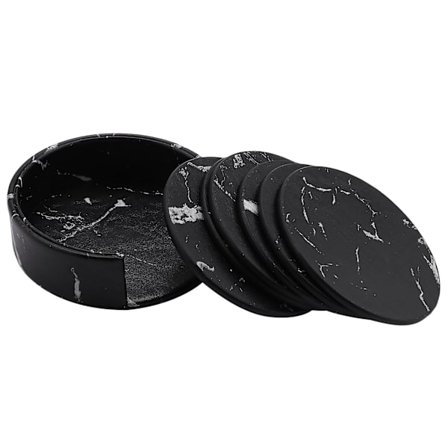 Bordskånere til drikkevarer 6-delt med holder, marmor Sort rund kopmåttesæt til hjemme- og køkkenbrug