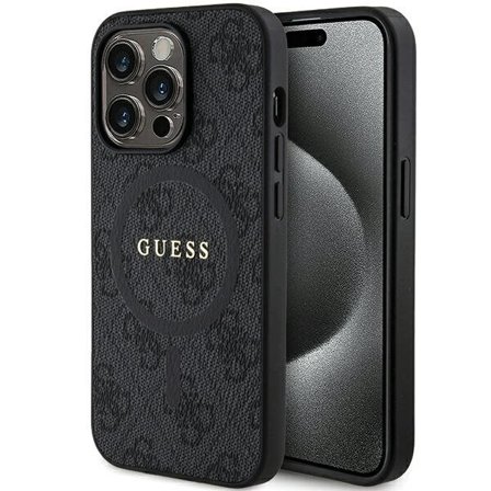 Guess 4G Collection Nahka Metal Logo MagSafe Case for iPhone 14 Pro Max - Musta