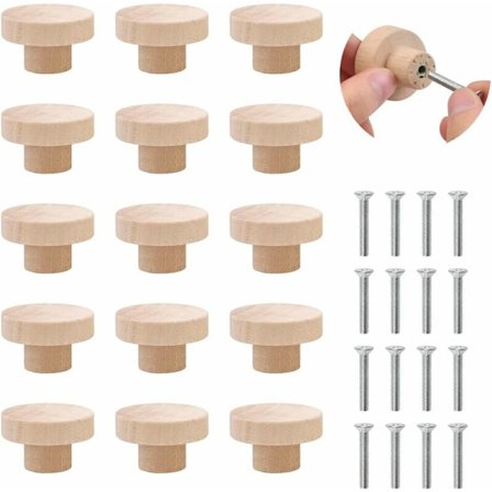 Træk i træ til skuffer, pakke med 15 møbelknopper, træknopper til skuffer, træknopper, møbelknopper, skabsknopper med skruer, knopper