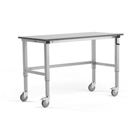 Height-adjustable mobile workbench MOTION, manual, 150 kg, 1500x600 mm, grey