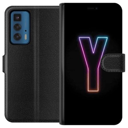 Yhteensopiva Lompakkokotelo Motorola Motorola Edge 20 Pro Minimalistinen neonkirjain Y värinvaihtuvassa valossa mustaa taustaa vasten