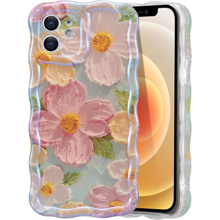 Kotelo iPhone 11:lle, Värikäs Retro Öljymaalaus Kukka Laser Säde Kiiltävä Kuvio Söpö Kihara Aalto Reuna Hieno Puhelinkuori