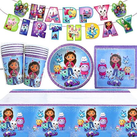 56st/lot Söt Gabby Tema Hängande Banner Bordsduk Grattis på födelsedagen Fest Tallrikar Koppar Dekoration Baby Shower Servetter Handdukar