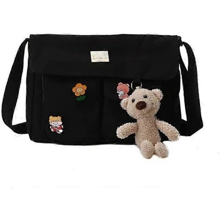 Canvas Crossbody -olkalaukku, söpö laukku naisille ja tytöille, jossa on pinssejä ja riipus, rento olkalaukku, esteettinen koululaukku