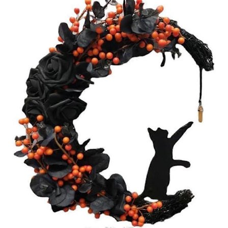 Halloween Månkattgirlang med Ros, Halloweenkrans för Ytterdörr Halloween Dörrdekorationer, Svart Katt Måne