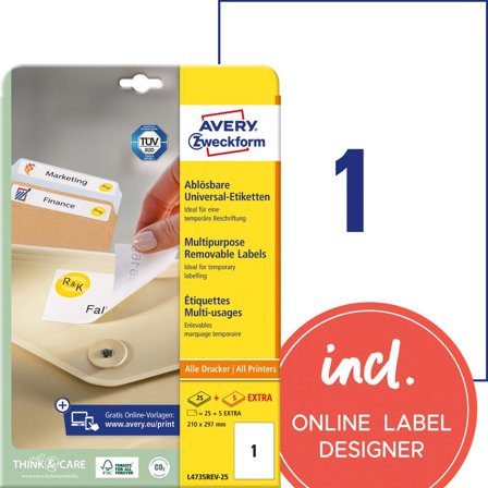 AVERY Etikett avtagbar 210x297mm 30/fp - Lyreco - Emballage och lagerutrustning - Etiketter och godsmärkning - Avtagbara och vattenfasta etiketter