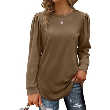 EFAN Dam tröjor Varm vintertröjor med veckade puffärmar och rundad fåll Toppar Casual långa tunikor skjortor S-3XL B03-kaffe Liten