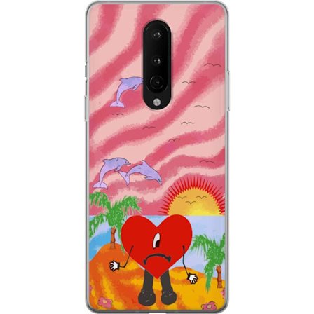 Kompatibelt Mobildeksel til OnePlus 8 Bad Bunny i en fargerik quiltet jakke med hjertemønster og solbriller i moderne gatestil