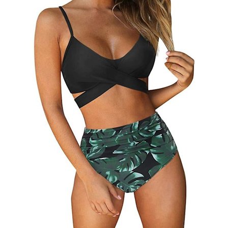 Dame Criss Cross Push Up Badedrakt Topper Magekontroll Halter Bikini Høy Livet Badetøy Todelt