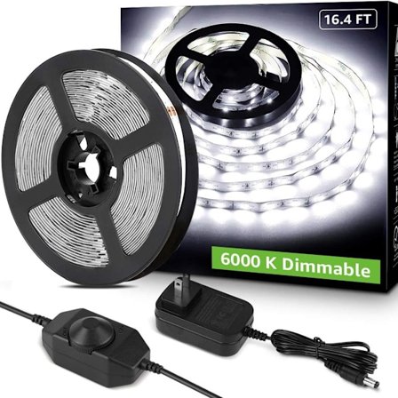 LED Strip Ljus 5M 300 LEDs, 1650lm Dimbar Strip Ljus för Kök, Kallvit 6500K (12V Strömkontakt och Dimmerbrytare Ingår)