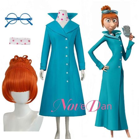 Film Minion Tyv Pappa Vector Gru Lucy Wilde Cosplay Kostyme Blå Kjole Kåpe Trench Parykk Kvinner Halloween Fest Juleantrekk