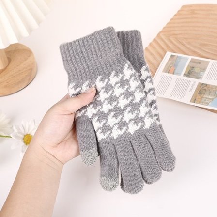 Houndstooth strikhandsker, touchscreen varme handsker, lysegrå