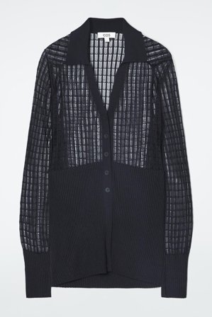 COS Women's Lace-Stitch Ribbed-Knit Cardigan in Blue