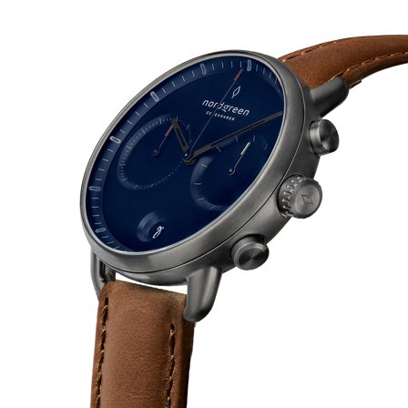 Nordgreen Men's Classic Large Wrist Watch Watch - Silver Case - Navy Dial - Brown Vegan Leather Watch Strap Pioneer White Dial Chronograph