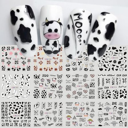 5 Sett Søte Melkekartong Vannoverføring Negledekaler Negleklistremerker med Assorterte Mønstre Melkeku Dyr Leopard Hjerte D