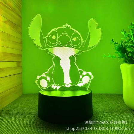 Cartoon Kawaii Stitch Lilo ja Stitch Anime-hahmo 3D optinen illuusio LED-makuuhuoneen sisustus Yöpöytälamppu Kaukosäätimellä 7 väriä
