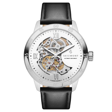 Dante II | Srebrzysty zegarek z widocznym mechanizmem z czarnym paskiem skórzanym dla mężczyzn - Zegarki na rękę