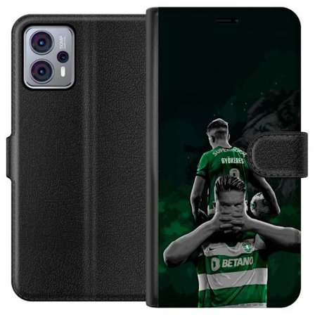 Yhteensopiva Lompakkokotelo Motorola Moto G23 Neonmotiivi, jossa teksti "Gaming is in my DNA" sinisenä ja punaisena tiiliseinällä, jossa loistava DNA-