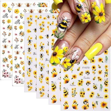 6 Ark Solsikke Neglekunst Klistermærker Dekaler 3D Selvklæbende Bi Blomster Negle Klistermærker til Neglekunst Gul Blomster Daisy Negle Tilbehør Forår