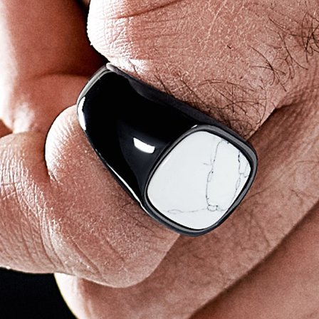 Aras | Black Stainless Steel Howlite Pinky Signet Ring for Men - Rings with stones