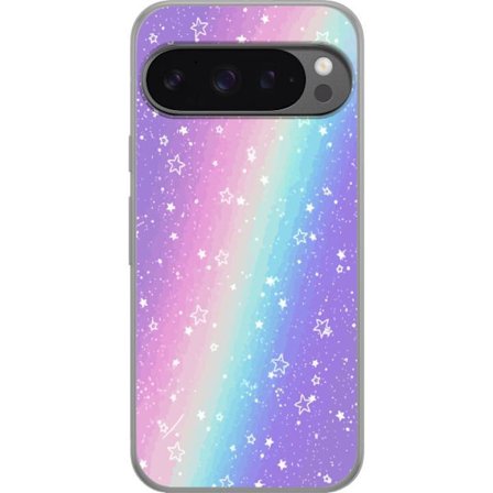 Kompatibelt Mobildeksel til Google Pixel 9 Pro XL Rainbow-farget pastellbakgrunn med hvite stjerner og gnistrende prikker i myk overgang