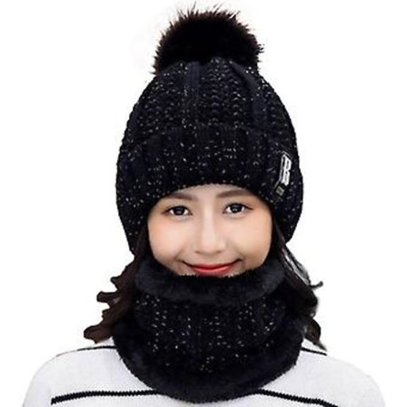 Halsduk + mössa för kvinnor Vintage vinterhalsvärmare + stickad mössa (Svart)