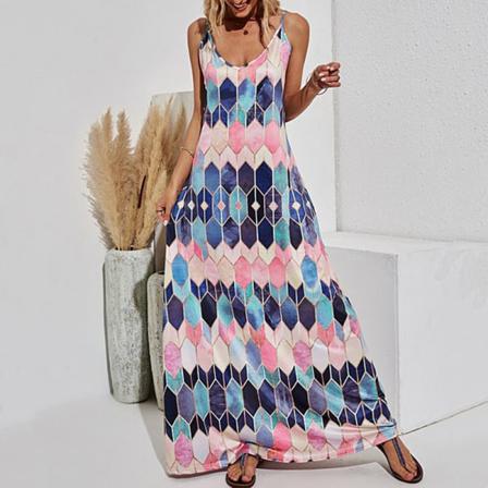 Dam V-hals Spaghetti Strap Diamond Print Sundress Maxiklänningar