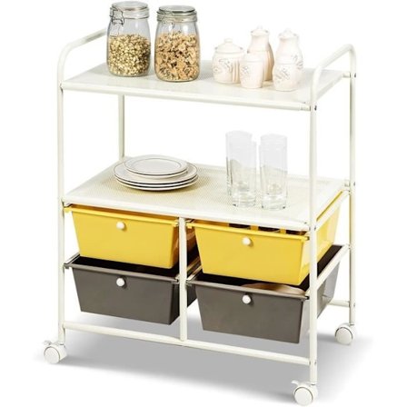 COSTWAY Säilytystorni, Pyörillä oleva vaunu - 4 laatikkoa ja 2 hyllyä 63,5 x 37 x 75 CM metallirunko keltaisena ja ruskeana