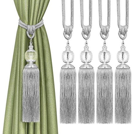 Gardinbindere, 4 stk. Kvaster Gardinbindere, Sølv Krystal Gardin Reb Holdere Kroge Boho Dekorativ Vindues Gardinholdere Håndlavet Curt