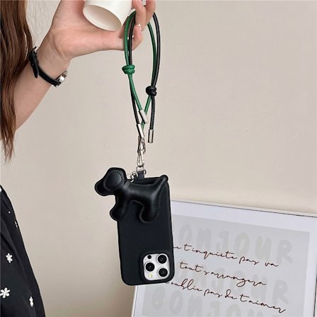 Etui til iPhone16promax svart lær dachshund to-farget bånd sf solid lær