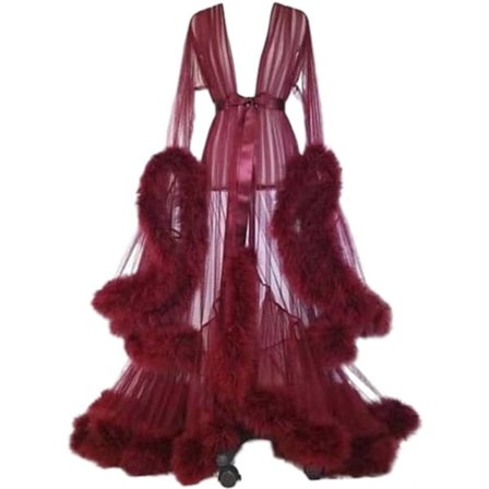 Sexy Fjærkåpe Lang Pels Tyll Morgenkåpe Badekåpe Nattøy