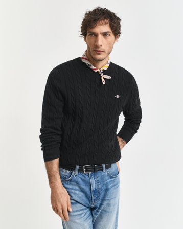 GANT Herren Zopfstrick Rundhalspullover aus Baumwolle (5XL) Schwarz Grau