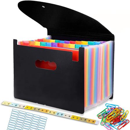 Filorganiser, A4-dokumentorganiser med 24 lommer, udvidelige harmonika-arkivmapper i twill, arkivboks med låg, etiketter og clips