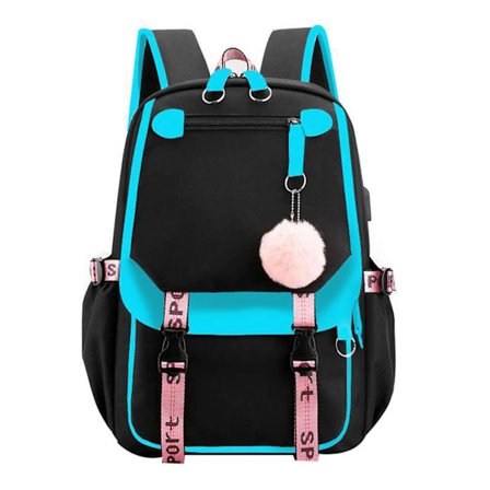 Rygsæk til teenagepiger, mellemskoleelever, udendørs rygsæk med USB-opladningsport Lyseblå