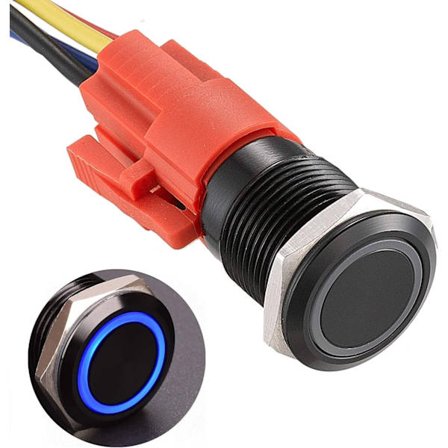 16mm trykkbryter DC 12V 5A svart aluminiumlegering trykkbryter med LED-belysning vanntett på/av trykknapp(blå)