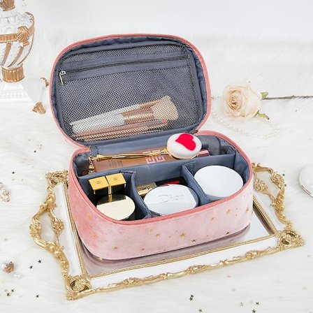 Rosa Rutig Dam Velvet Kosmetikväska Reseväska Handtvättväska Velvet Kosmetikförvaringspåse 24.5*16.5*10cm/0.2KG