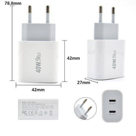 USB-C Seinälaturi 40W (Kaksi USB-C-porttia, 20W kumpikin, yhteensopiva iPhone 14/14 Plus, 13, 12, 12 Pro, 12 Pro Max, Mini, iPad Pro, Galaxy jne. 