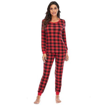 Dam långärmad rutig pyjamas set bekväm mjuk hemmaplagg pyjamas set (röd,XXL)