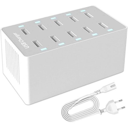 USB-laddstation, 50W 10-portars USB-laddhubb, USB-laddare med flera portar och smart detektering, kompatibel med iPhone, Galaxy, iPad-surfplatta och 
