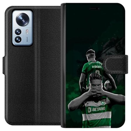 Yhteensopiva Lompakkokotelo Xiaomi 12 Pro Neonmotiivi, jossa teksti "Gaming is in my DNA" sinisenä ja punaisena tiiliseinällä, jossa loistava DNA-spir