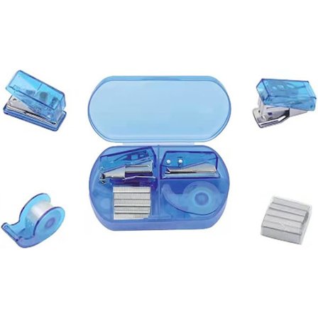 Blått Mini Kontorsmaterial Set, Inkluderar Mini Häftapparat, Tejpdispenser, Hålslagare, Klammer för Skolmaterial.