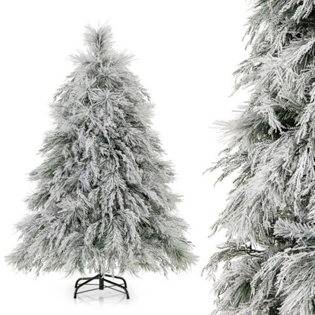 Flocked keinotekoinen joulukuusi Ø 88 x 146H cm COSTWAY-150 Lämminvalkoiset LED-valot-279 oksat-mäntyneuloja, pajunlehtiä