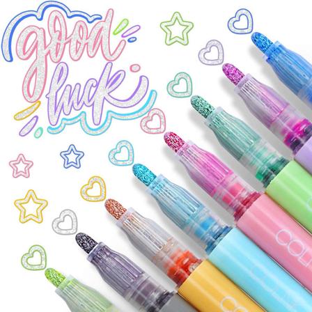 Dobbelt linje kontur pen, 8 farver metallic penne, glitter