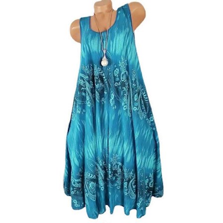 Plus Size Dam Blommig Ärmlös T-shirt Klänning Volang Swing Klänningar Sommar Strand