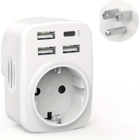 Voltage USA Reiseadapter med 3 USB-A/1 USB-C-porter og Type B-uttak - Kraftig Kompakt Pluggkonverter Egnet for Nord-Amerika, Canada, Mex