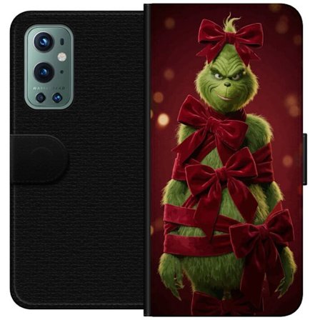 Yhteensopiva Lompakkokotelo OnePlus OnePlus 9 Pro Grinchi-hahmo koristeltu punaisilla samettinauhoilla juhlavassa studiossa, leikkisällä ja humorist