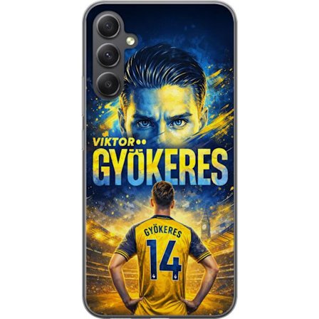Kompatibelt Mobildeksel til Samsung Samsung Galaxy A05s Viktor Gyökeres fotballplakat i gult og blått med dramatisk stadionbakgrunn, sportillustrasj