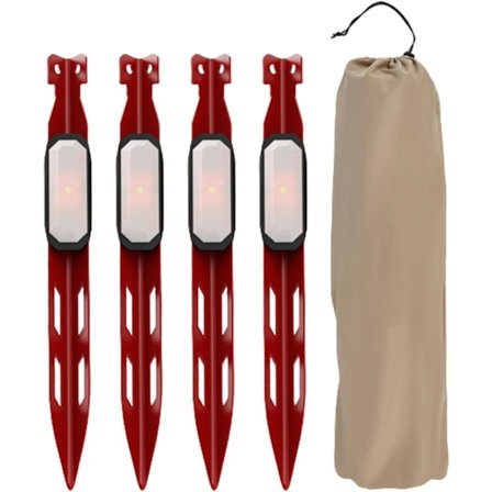 Kraftige Teltstænger - Jordspyd 4-pak med LED-lys | V-formede Pløkker til Picnic-ly, Teltpløkker, Campingtilbehør, rød
